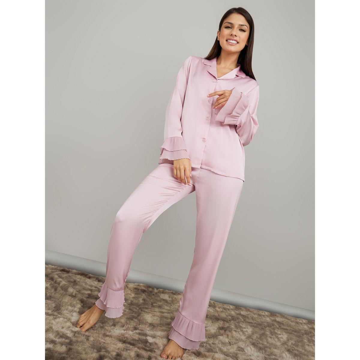 Styli Unwind Plisse Cuff Detail Satin Shirt & Pyjama Set-women-clothing-nightwear-pyjamas-longsets-image-1
