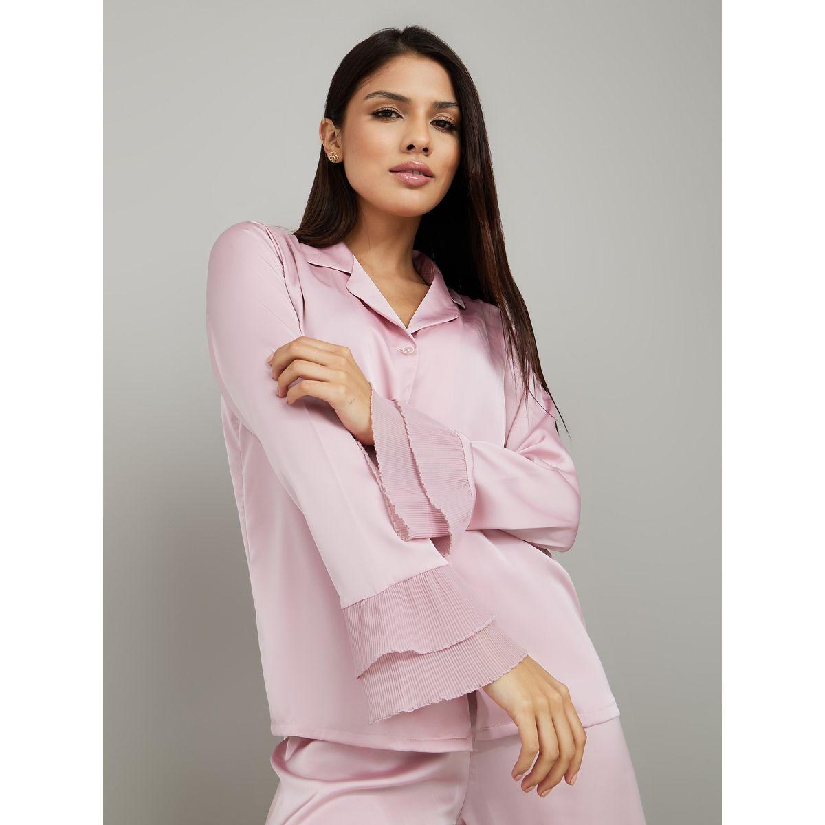 Styli Unwind Plisse Cuff Detail Satin Shirt & Pyjama Set-women-clothing-nightwear-pyjamas-longsets-image-2