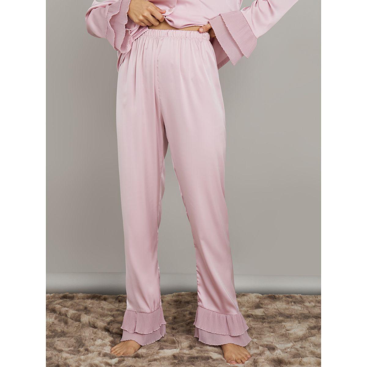Styli Unwind Plisse Cuff Detail Satin Shirt & Pyjama Set-women-clothing-nightwear-pyjamas-longsets-image-4