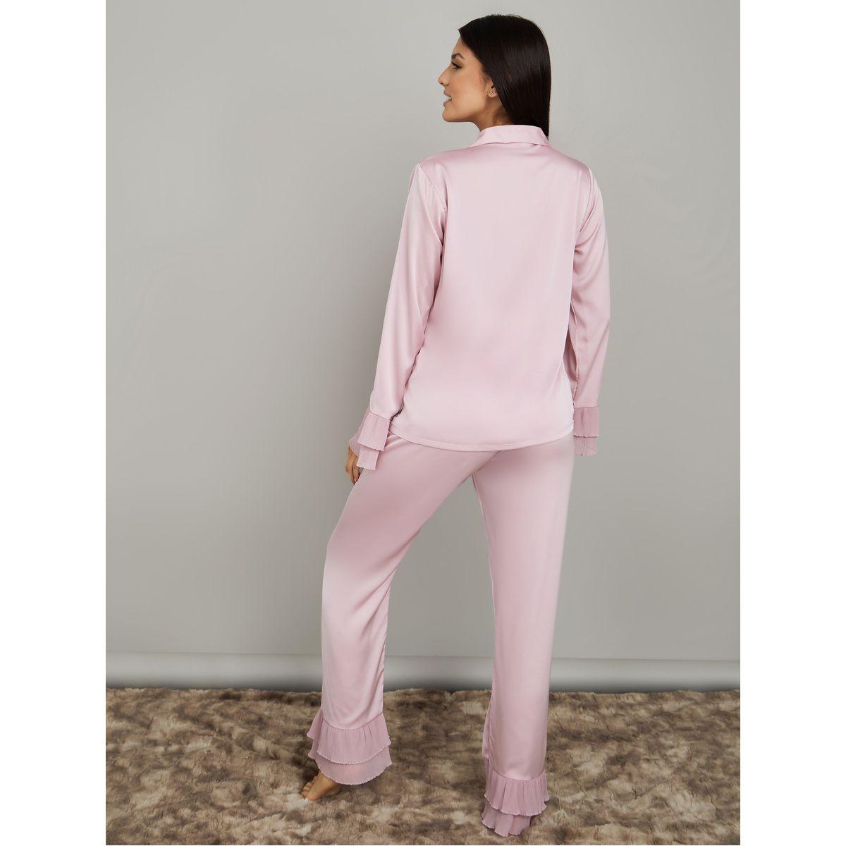 Styli Unwind Plisse Cuff Detail Satin Shirt & Pyjama Set-women-clothing-nightwear-pyjamas-longsets-image-5