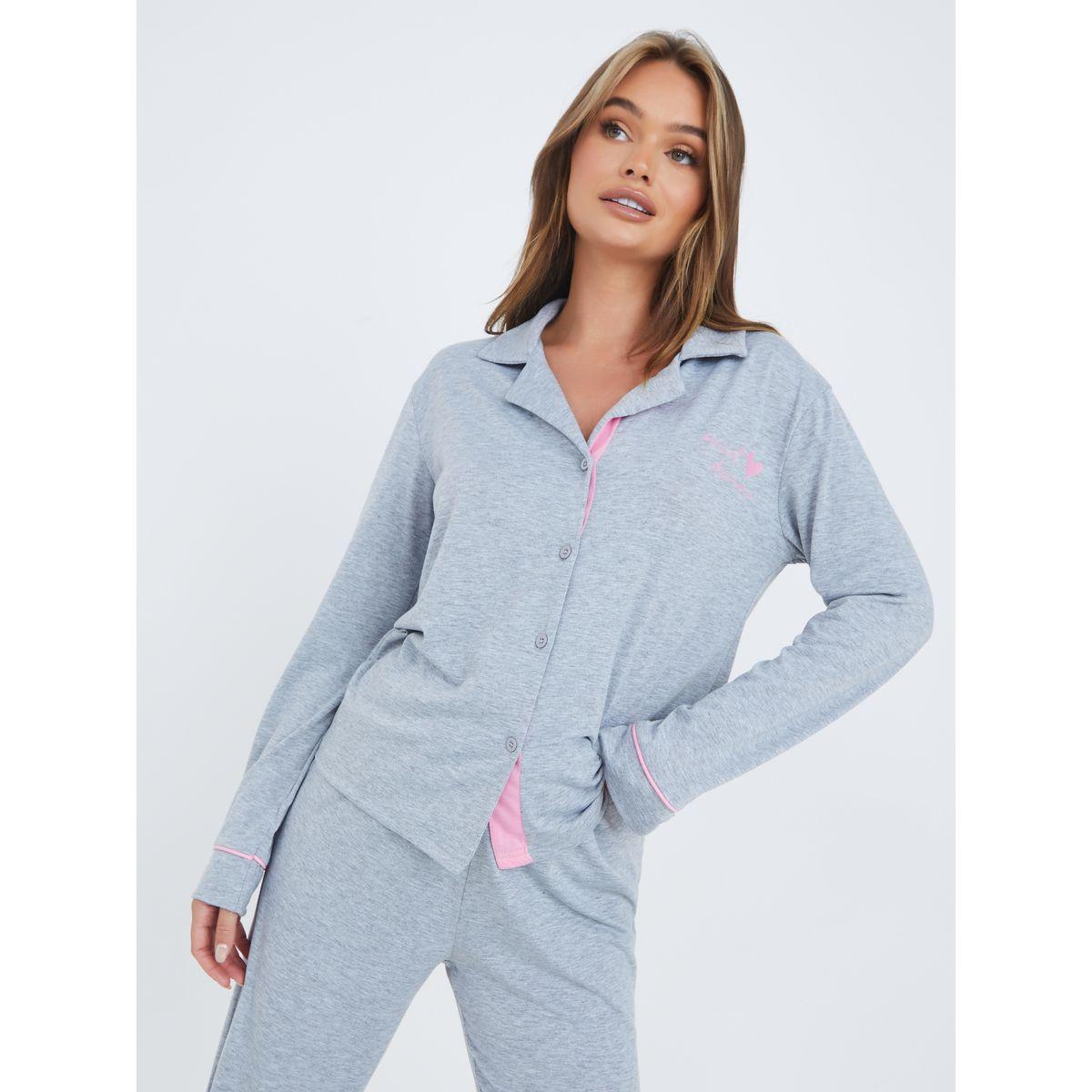 Styli Unwind Contrast Seam Slogan Button Through Shirt and Pyjama Set-women-clothing-nightwear-pyjamas-longsets-image-2