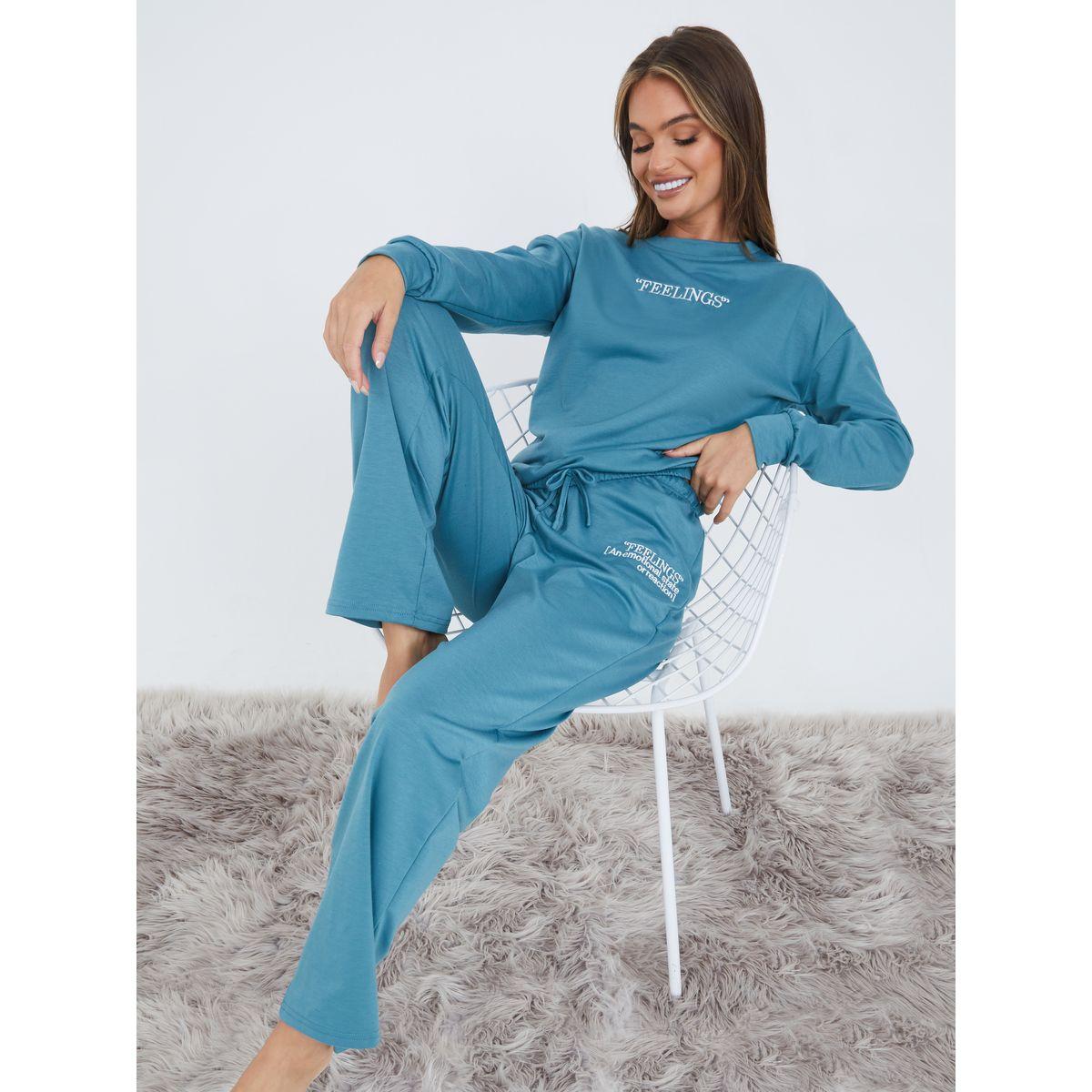 Styli Unwind Tie Front Drop Shoulder Slogan Top and Trouser Set-women-clothing-coordsets-image-1