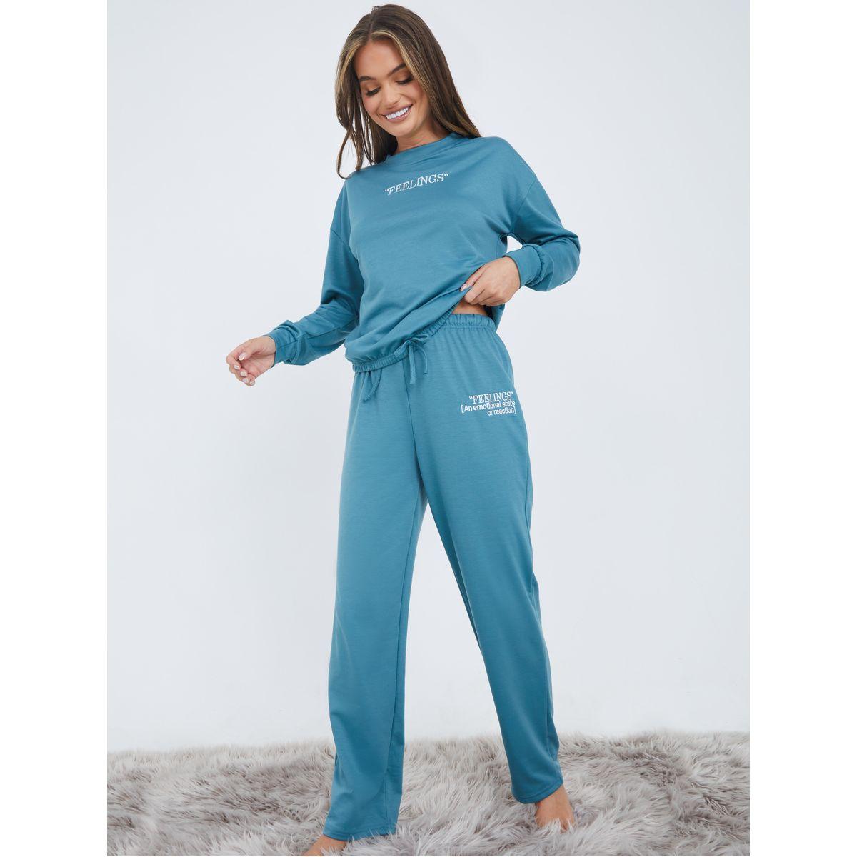 Styli Unwind Tie Front Drop Shoulder Slogan Top and Trouser Set-women-clothing-coordsets-image-2