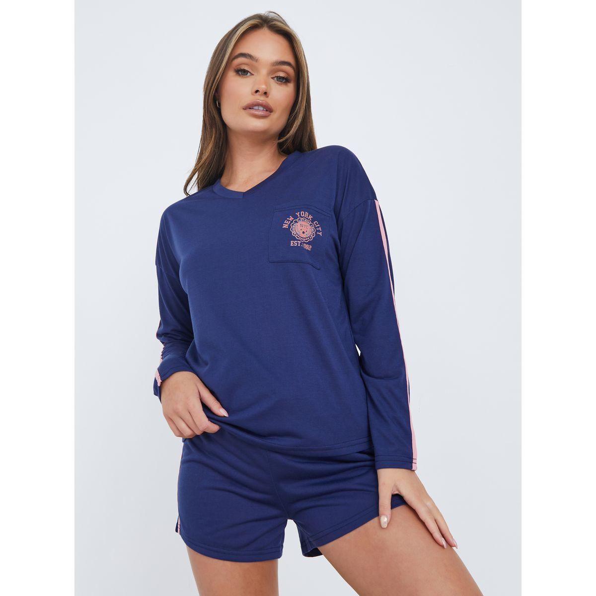Styli Unwind V Neck Long Sleeves Side Stripe Emblem Pocket T-Shirt & Shorts Set-women-clothing-nightwear-pyjamas-shortsets-image-1