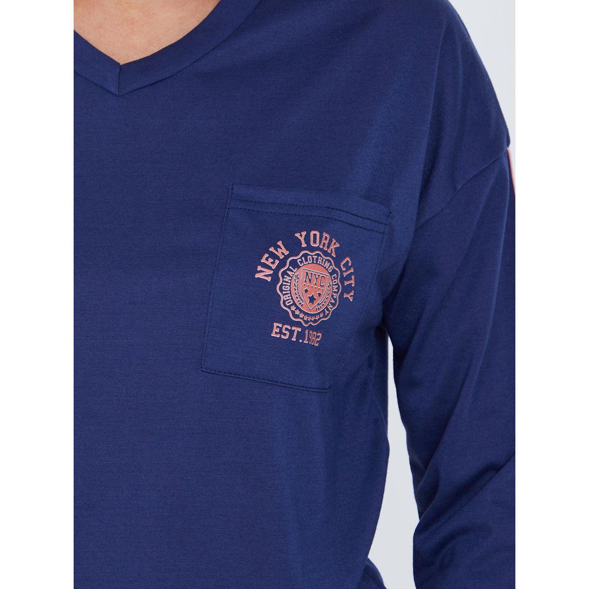 Styli Unwind V Neck Long Sleeves Side Stripe Emblem Pocket T-Shirt & Shorts Set-women-clothing-nightwear-pyjamas-shortsets-image-3
