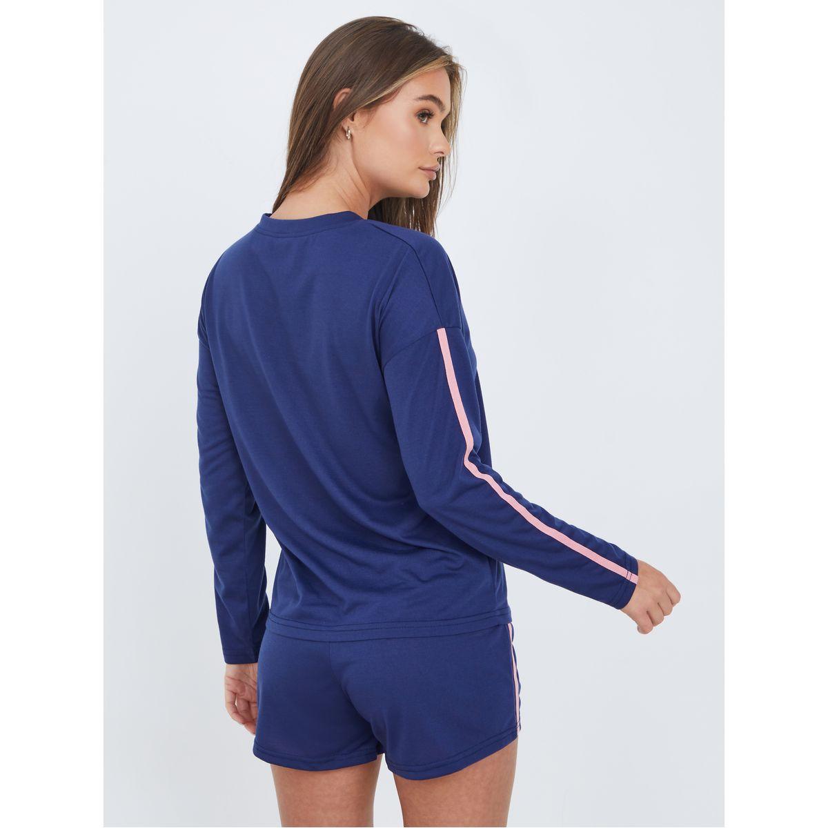 Styli Unwind V Neck Long Sleeves Side Stripe Emblem Pocket T-Shirt & Shorts Set-women-clothing-nightwear-pyjamas-shortsets-image-5