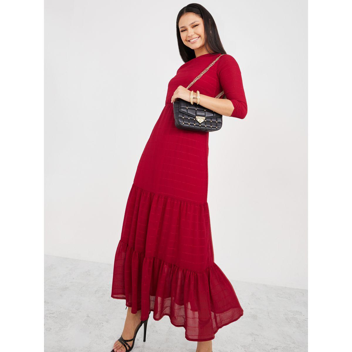 Styli 3/4 Sleeves Woven Tiered Maxi Dress-women-clothing-dresses-image-1