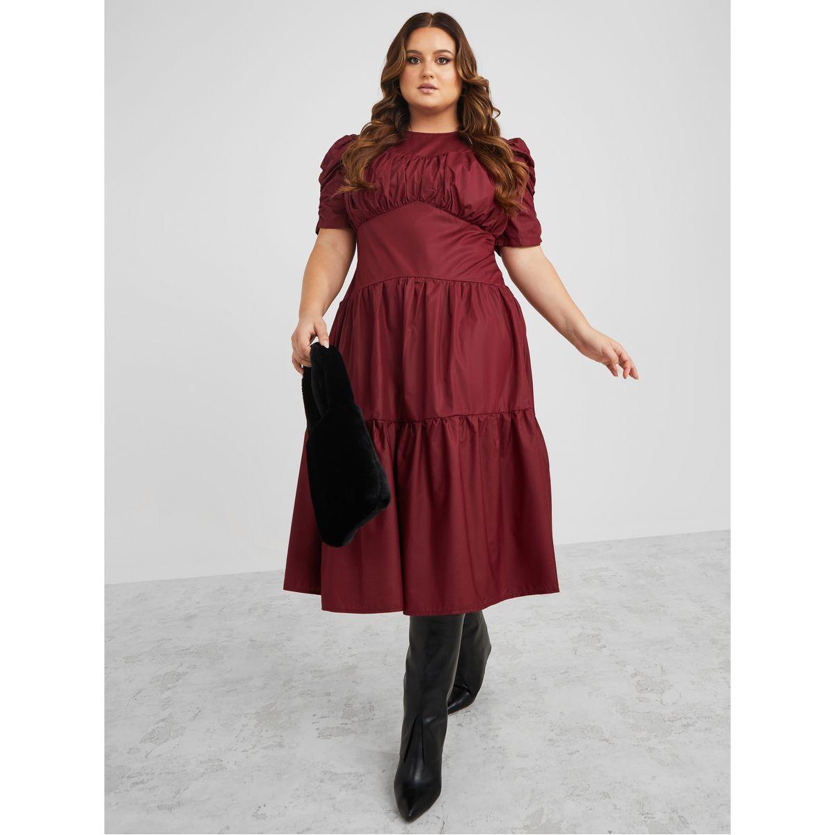 فستان ميدي بكسرات وتفاصيل مزمومة-women-clothing-dresses-image-2