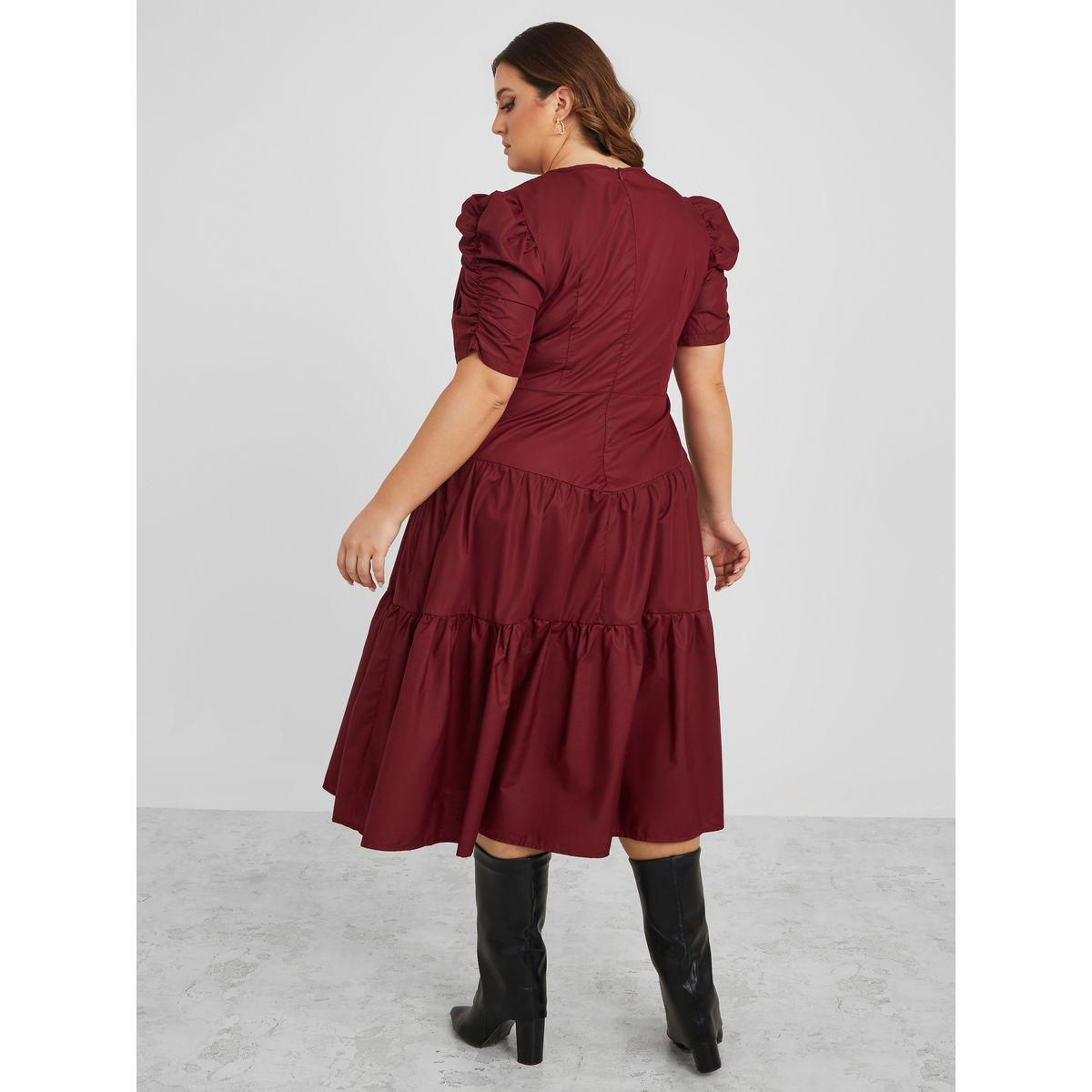 فستان ميدي بكسرات وتفاصيل مزمومة-women-clothing-dresses-image-4