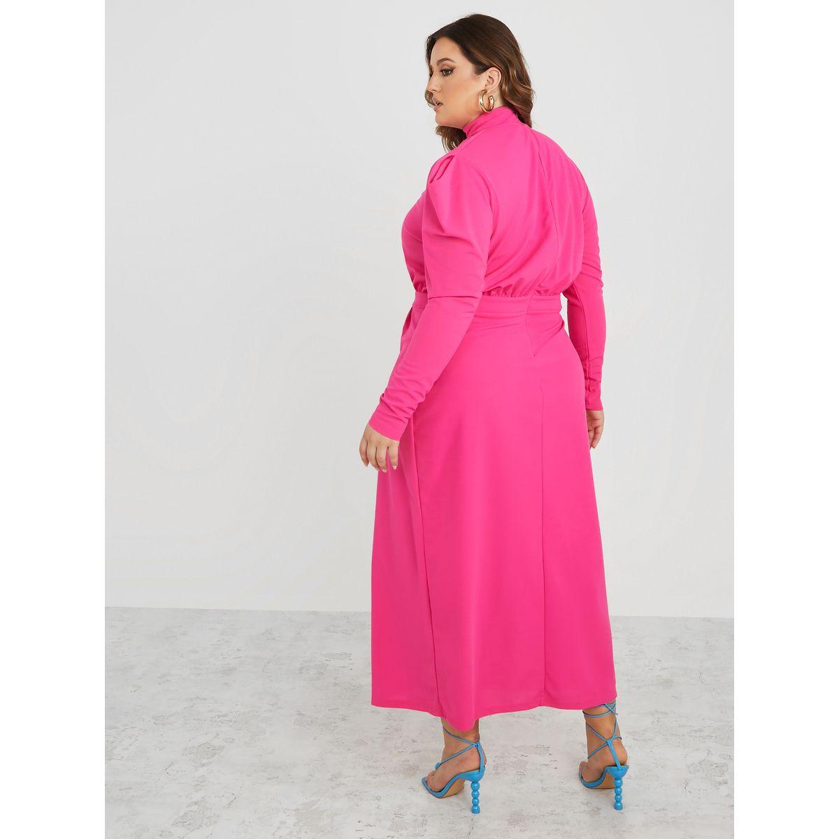 Styli Plus Puff Sleeve High Neck Woven Midaxi Dress-women-clothing-dresses-image-4