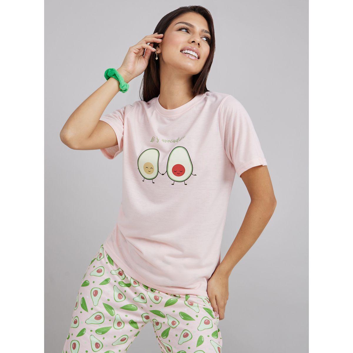 Styli Unwind Avocado Graphic Round Neck T-shirt and AOP Pyjama Set-women-clothing-nightwear-pyjamas-longsets-image-2