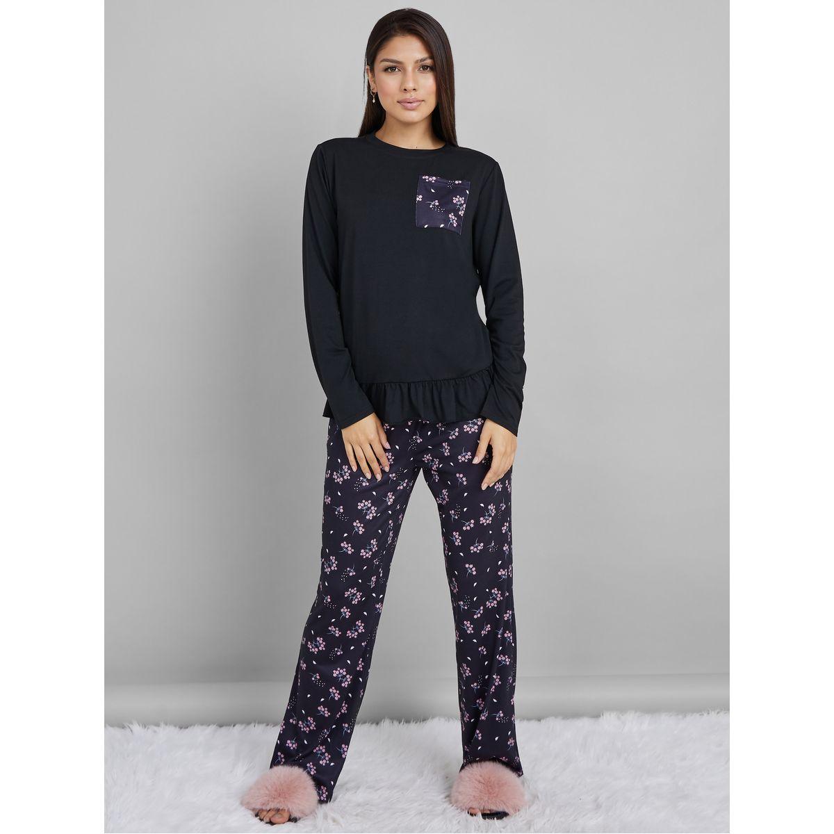 Styli Unwind Ditsy Floral Ruffle Hem Long Sleeves T-shirt and Pyjama Set-women-clothing-nightwear-pyjamas-longsets-image-1