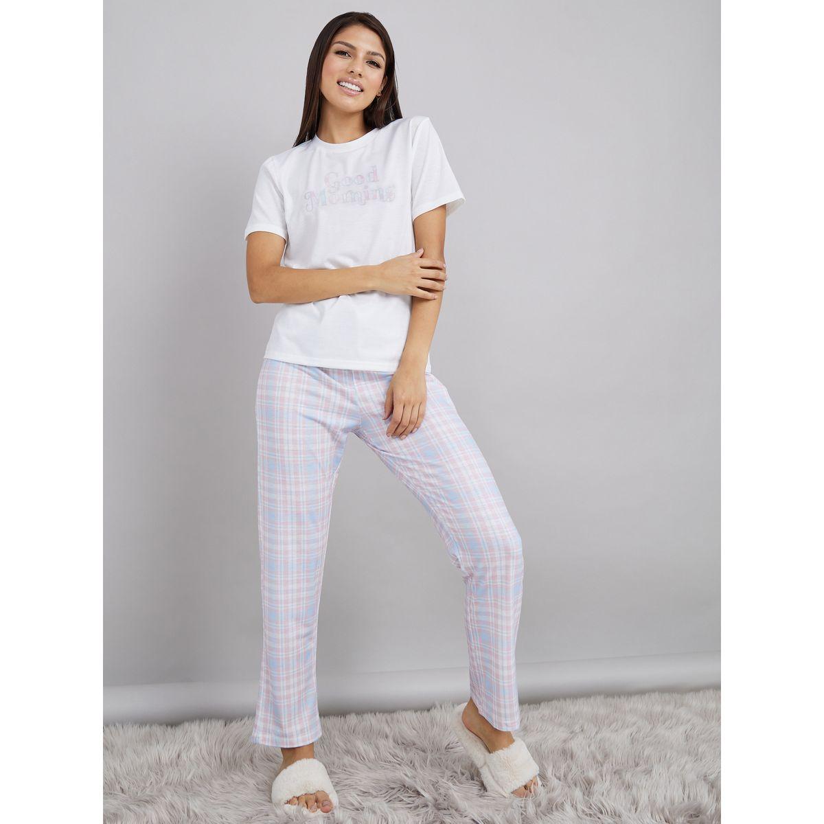 Styli Unwind Good Morning Slogan T-shirt and Checked Pyjama Set-women-clothing-nightwear-pyjamas-longsets-image-1