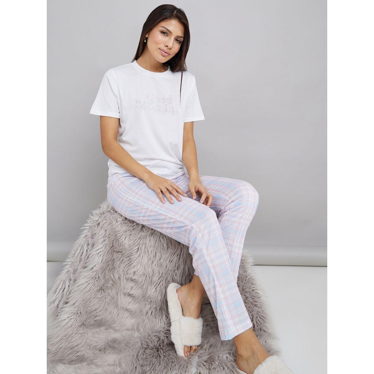 Styli Unwind Good Morning Slogan T-shirt and Checked Pyjama Set-women-clothing-nightwear-pyjamas-longsets-image-2