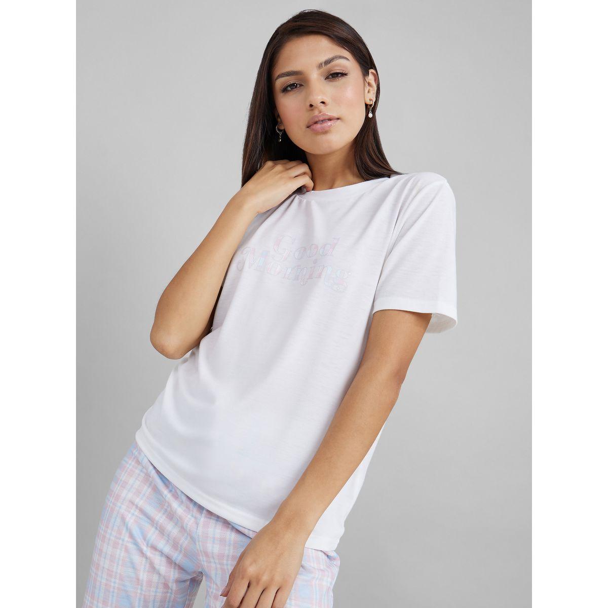 Styli Unwind Good Morning Slogan T-shirt and Checked Pyjama Set-women-clothing-nightwear-pyjamas-longsets-image-3