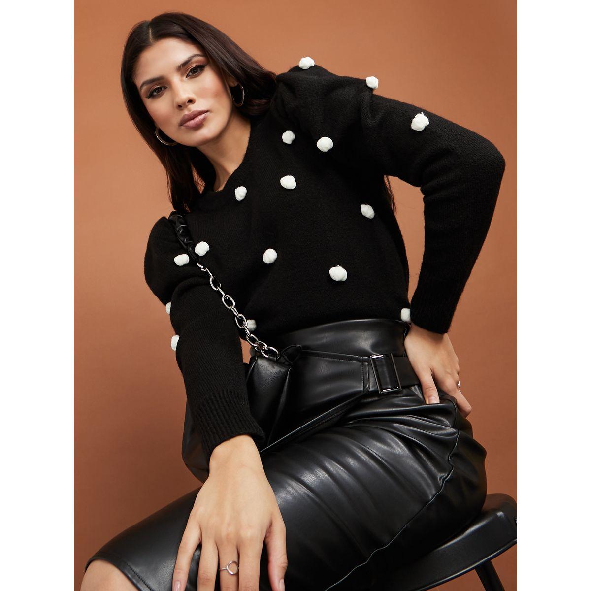 Styli Regular Length Puff Sleeves Knit Sweater with Pom Pom Detail-women-winterwear-cardigansandjumpers-jumpers-image-1