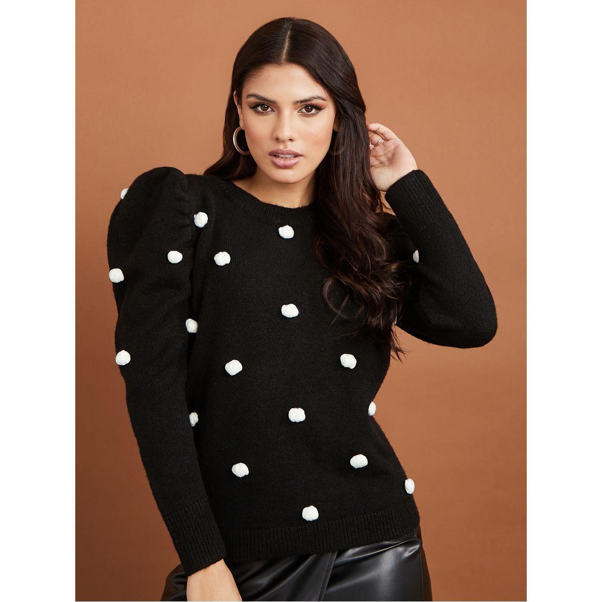 Styli Regular Length Puff Sleeves Knit Sweater with Pom Pom Detail-women-winterwear-cardigansandjumpers-jumpers-image-3