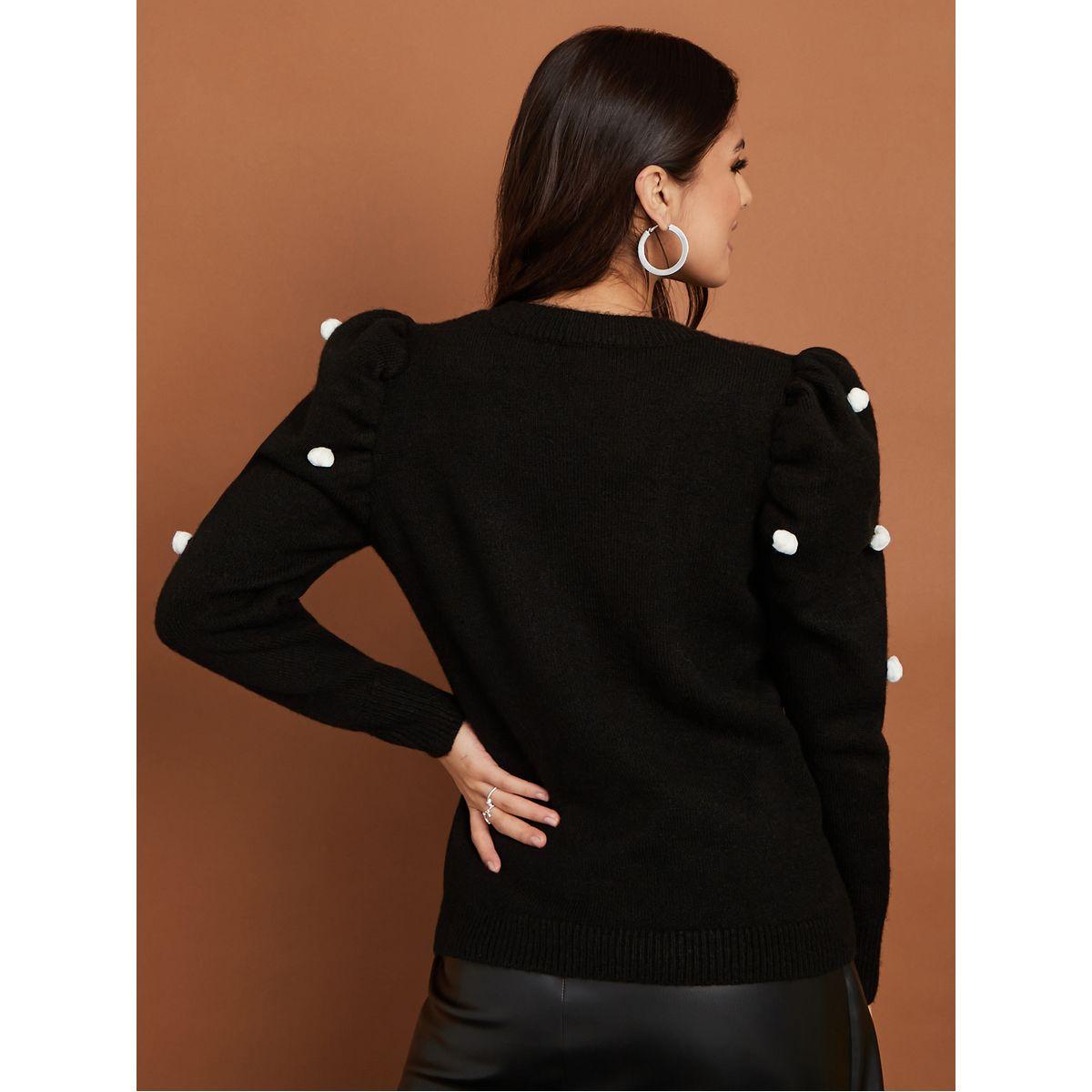 Styli Regular Length Puff Sleeves Knit Sweater with Pom Pom Detail-women-winterwear-cardigansandjumpers-jumpers-image-5