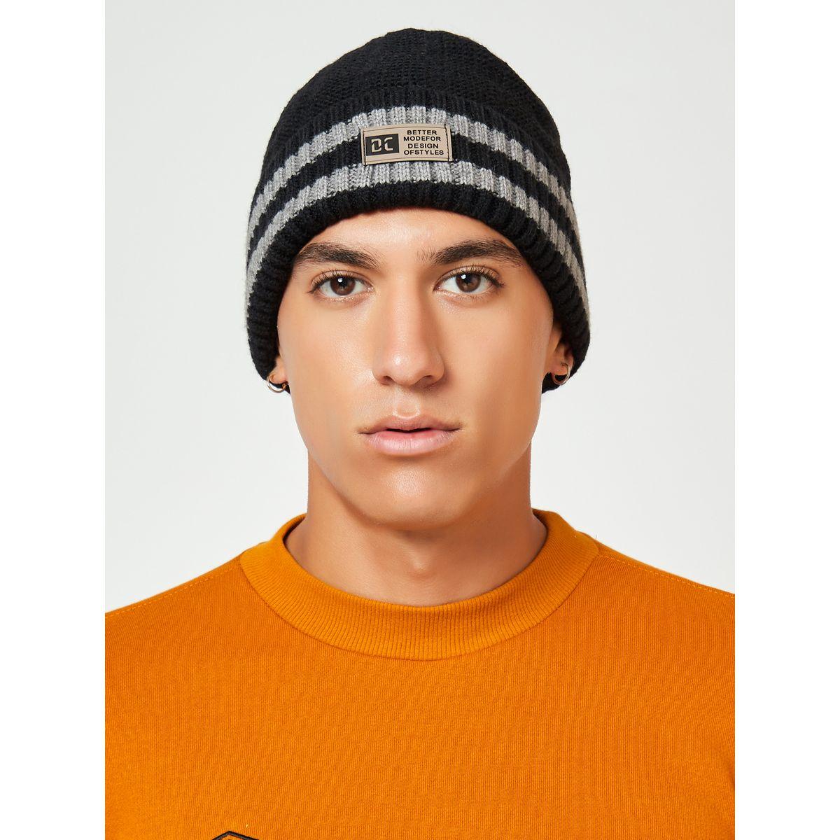 Styli Contrast Striped Ribbed Beanie-men-caps-image-2