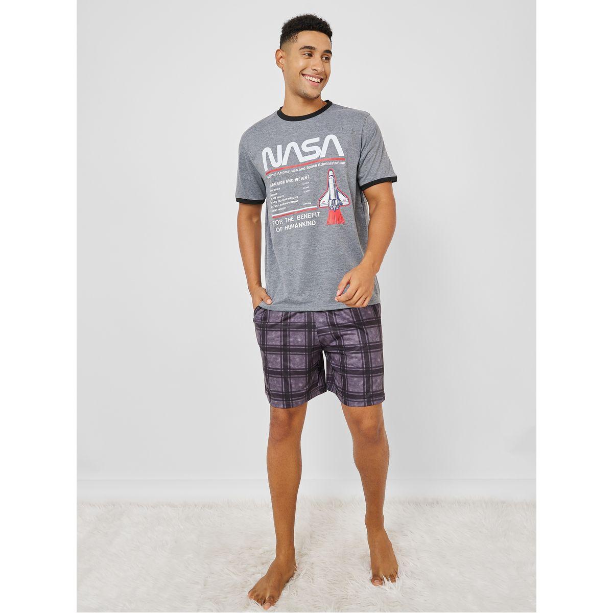Styli Unwind NASA Character Graphic Round Neck T-Shirt & Short Set-men-clothing-nightwear-sets-image-1