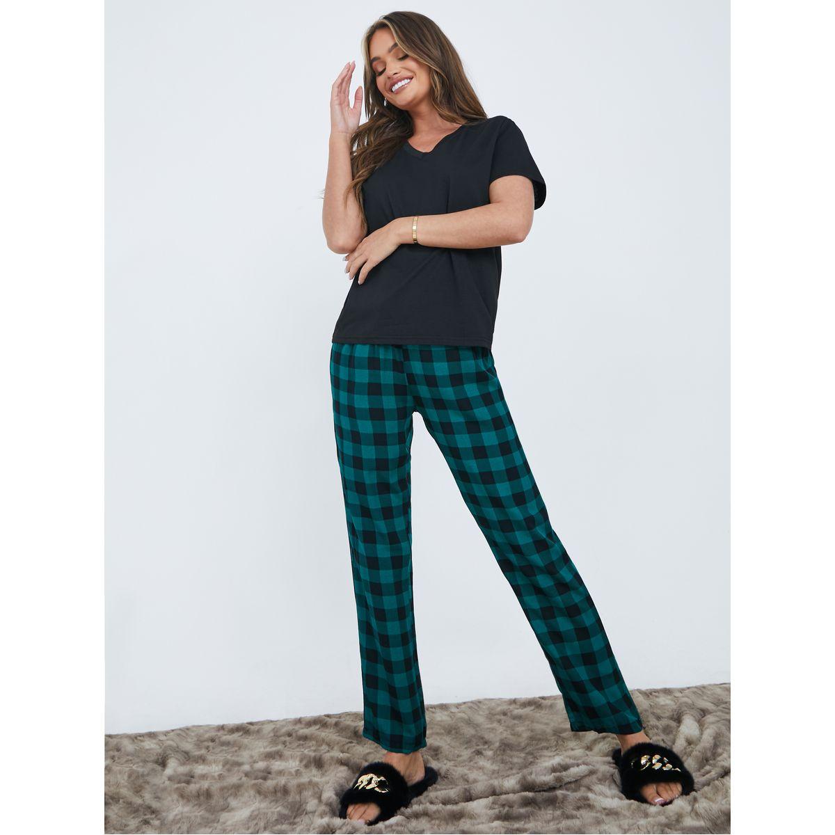 Styli Unwind Solid V Neck T-shirt and Checked Print Pyjama Set-women-clothing-nightwear-pyjamas-longsets-image-1