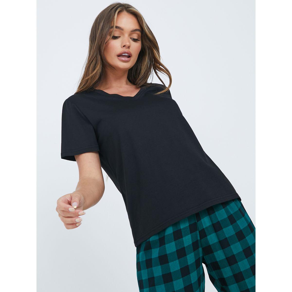 Styli Unwind Solid V Neck T-shirt and Checked Print Pyjama Set-women-clothing-nightwear-pyjamas-longsets-image-2