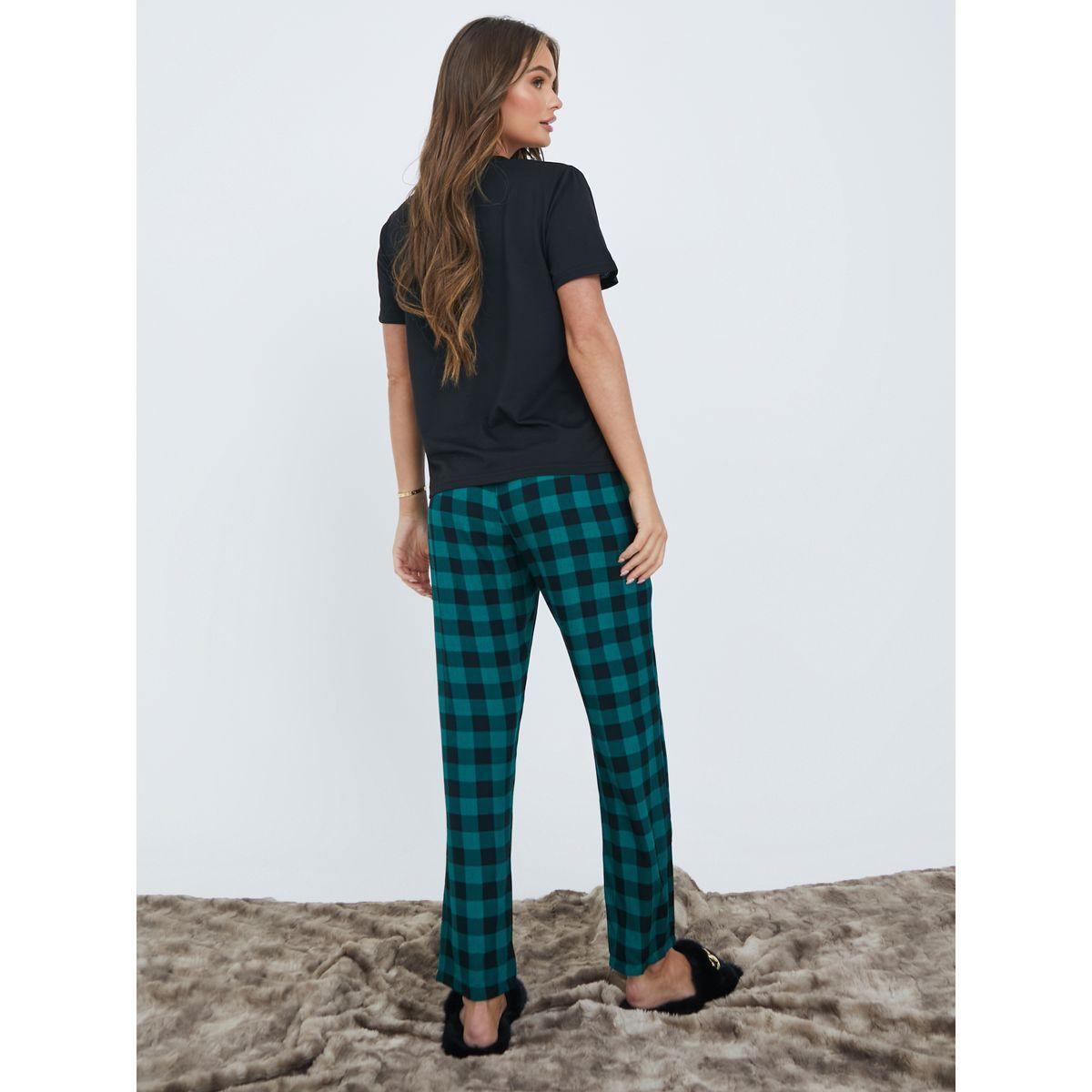 Styli Unwind Solid V Neck T-shirt and Checked Print Pyjama Set-women-clothing-nightwear-pyjamas-longsets-image-5
