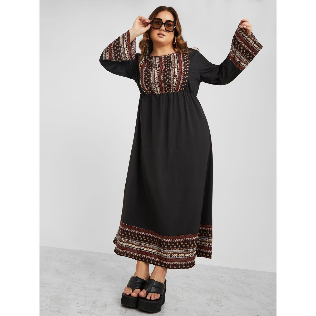 Styli Plus Volume Sleeves Printed Border Maxi Dress-women-clothing-dresses-image-1