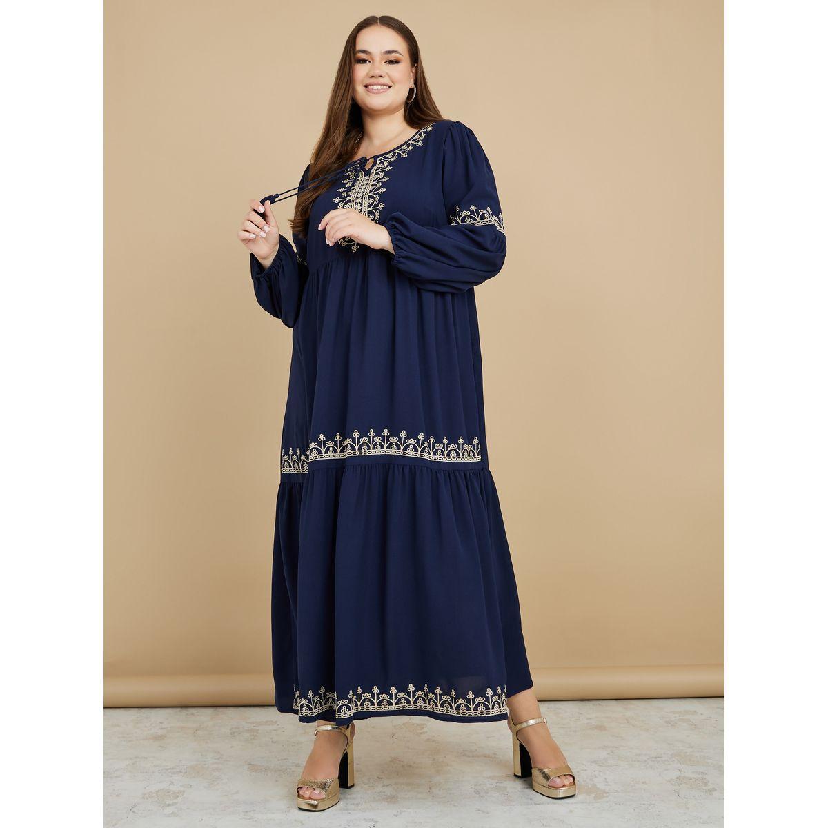 Styli Plus Tie-Up Neck Embroidered Detail Maxi Dress-women-clothing-dresses-image-1