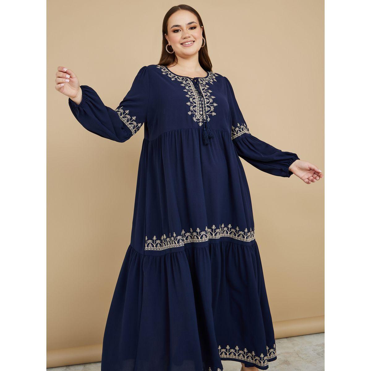 Styli Plus Tie-Up Neck Embroidered Detail Maxi Dress-women-clothing-dresses-image-2