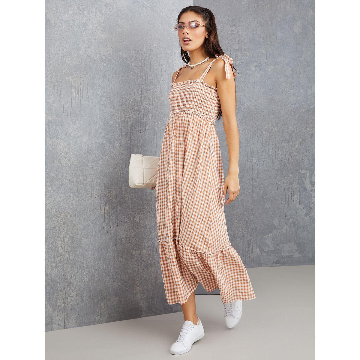 Styli Tie Strap Gingham Checked A-Line Maxi Dress-women-clothing-dresses-image-1