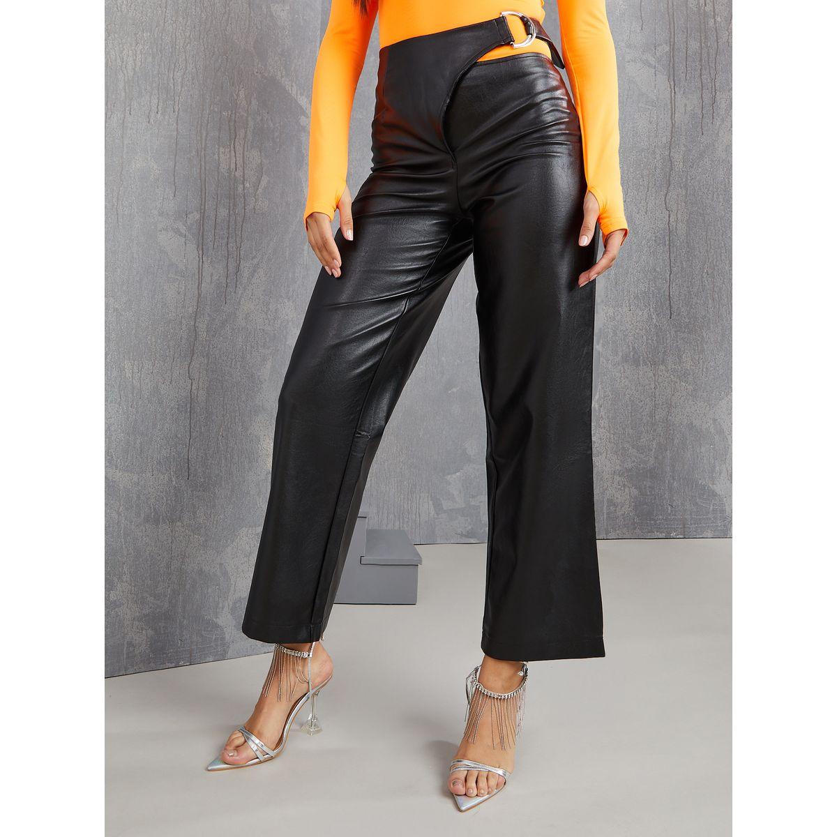 Styli Sauri Cut Out Buckled Waist Leather Look Flared Leg Pants-women-clothing-bottoms-trousers-image-1