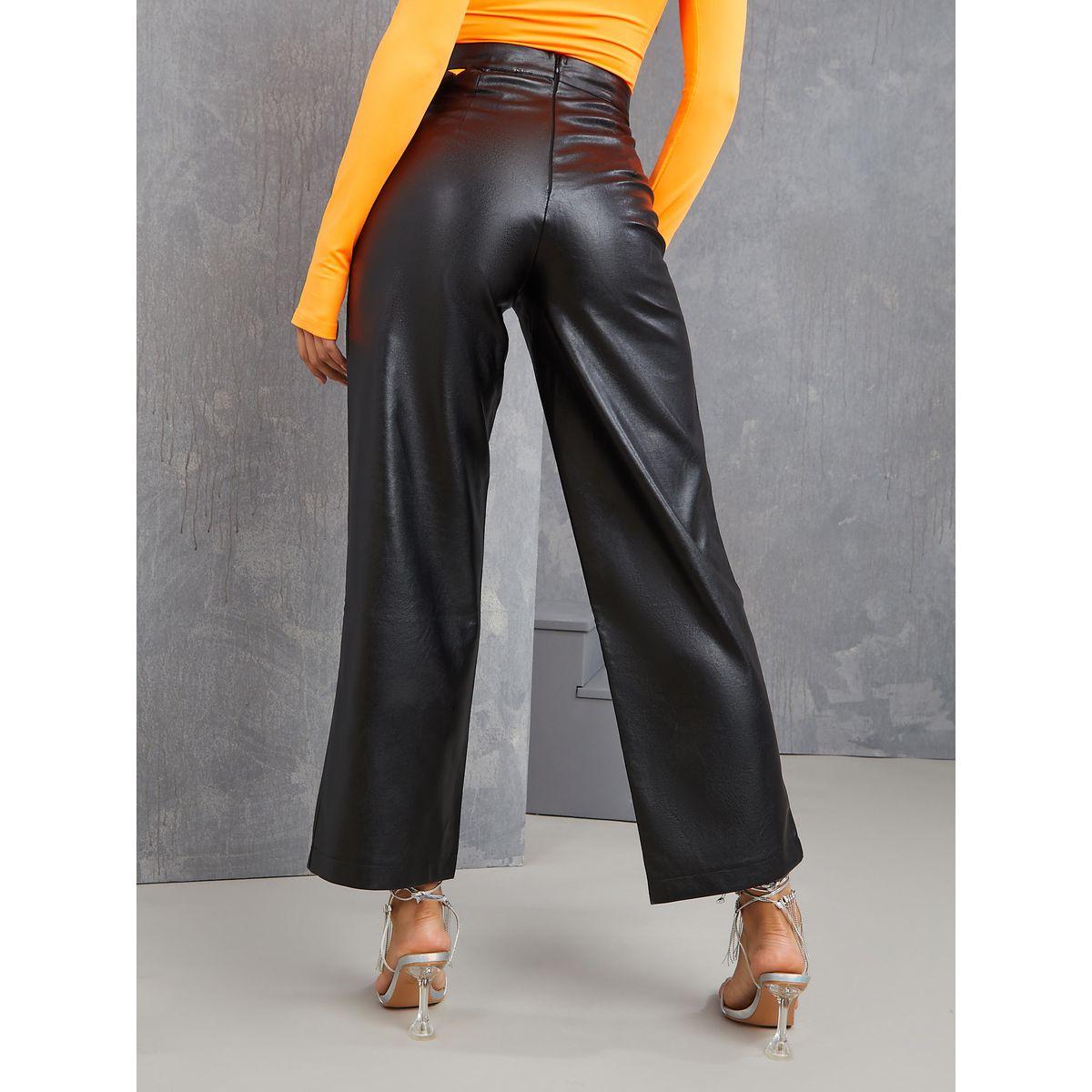 Styli Sauri Cut Out Buckled Waist Leather Look Flared Leg Pants-women-clothing-bottoms-trousers-image-4