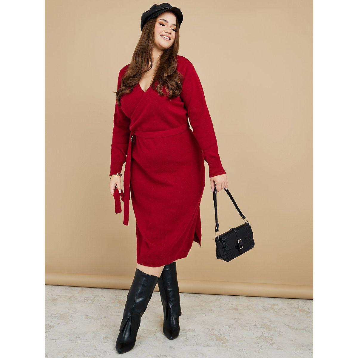 Styli Plus Long Sleeves Wrap Tie Detail Knit Midi Dress-women-clothing-dresses-image-1