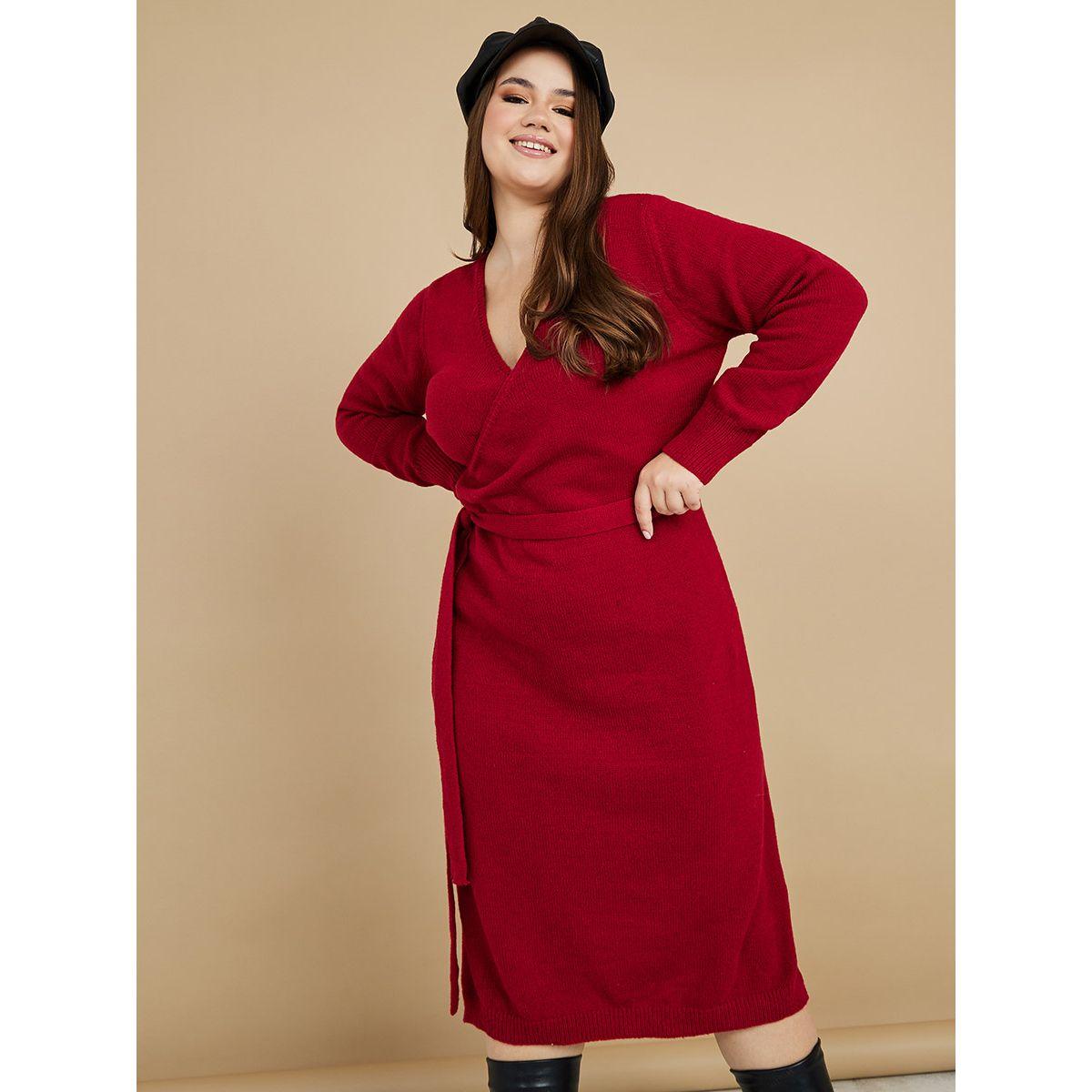 Styli Plus Long Sleeves Wrap Tie Detail Knit Midi Dress-women-clothing-dresses-image-2