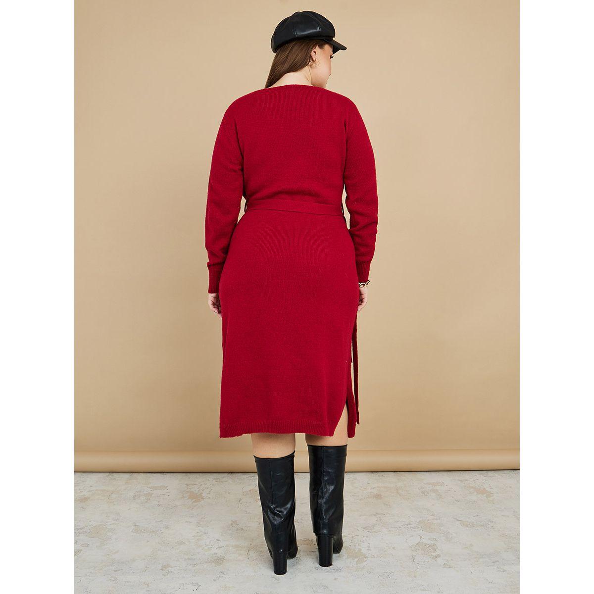 Styli Plus Long Sleeves Wrap Tie Detail Knit Midi Dress-women-clothing-dresses-image-4
