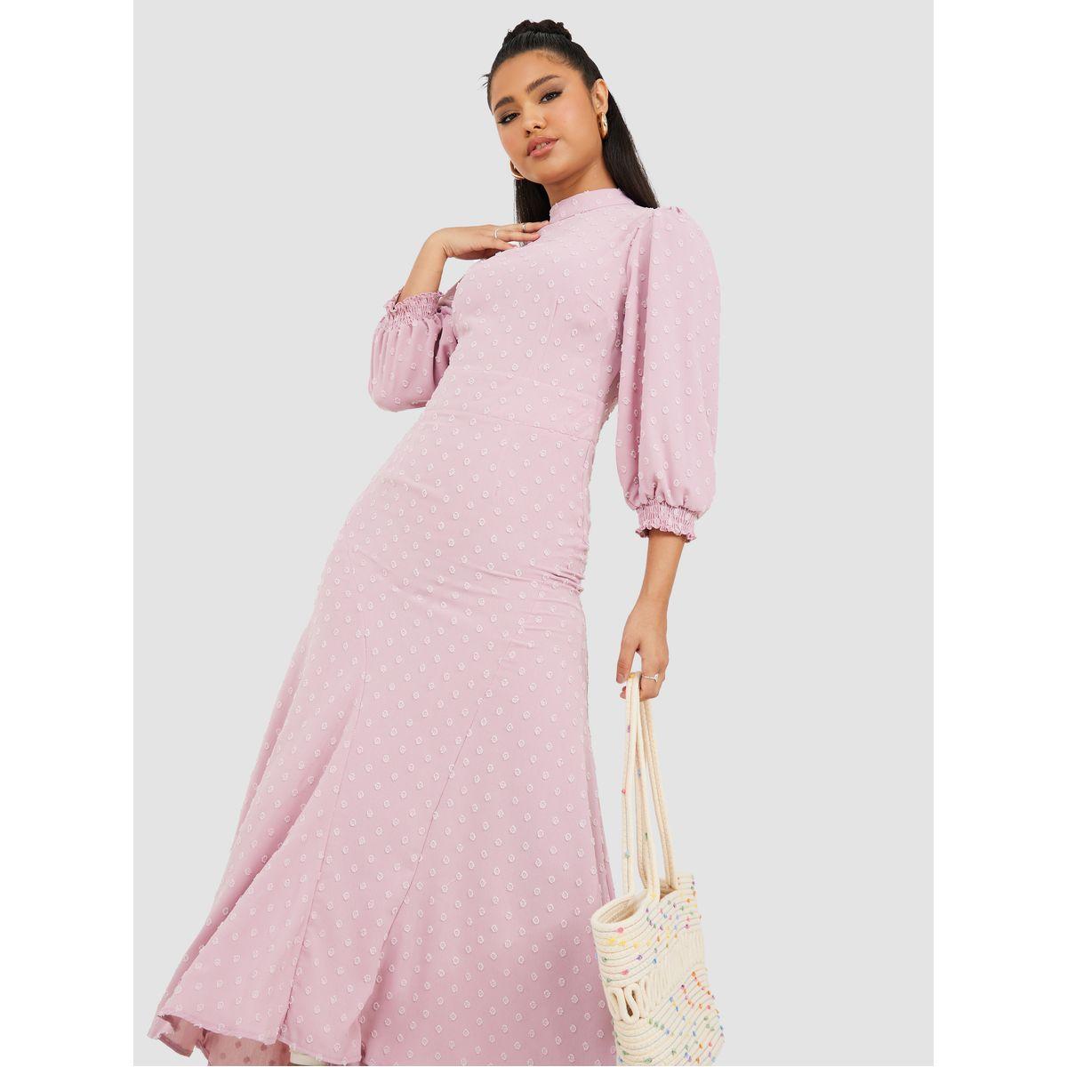 Styli 3/4 Sleeves Dobby Spot A-Line Maxi Dress-women-clothing-dresses-image-2