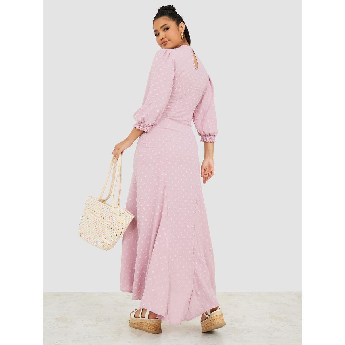 Styli 3/4 Sleeves Dobby Spot A-Line Maxi Dress-women-clothing-dresses-image-4