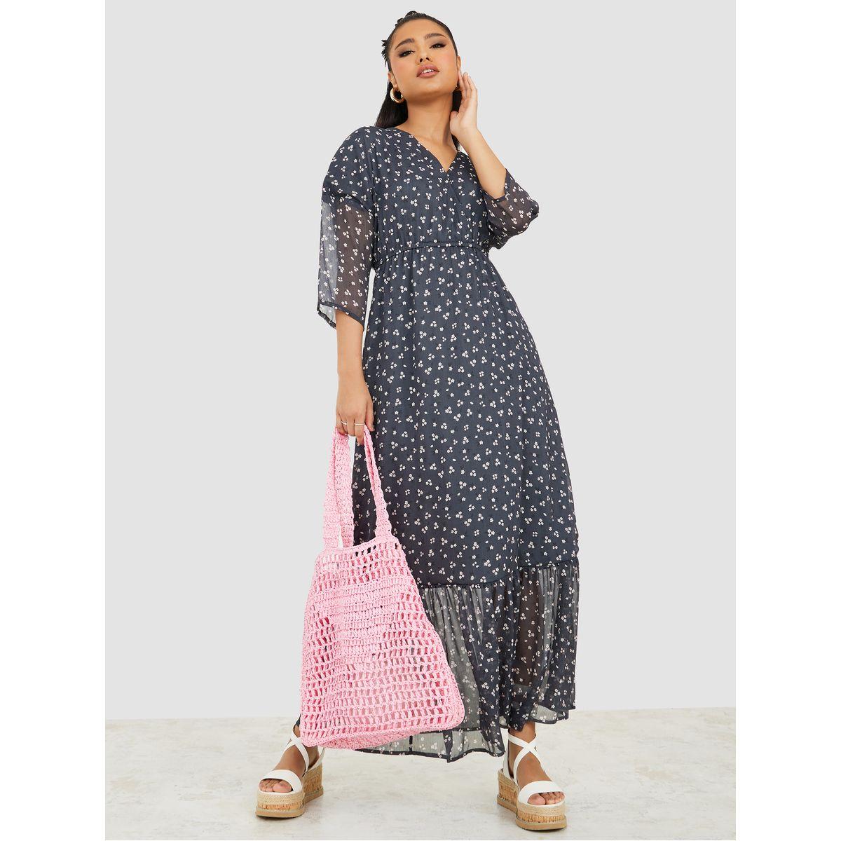 Styli 3/4 Sleeves Ditsy Print A-Line Maxi Dress-women-clothing-dresses-image-2