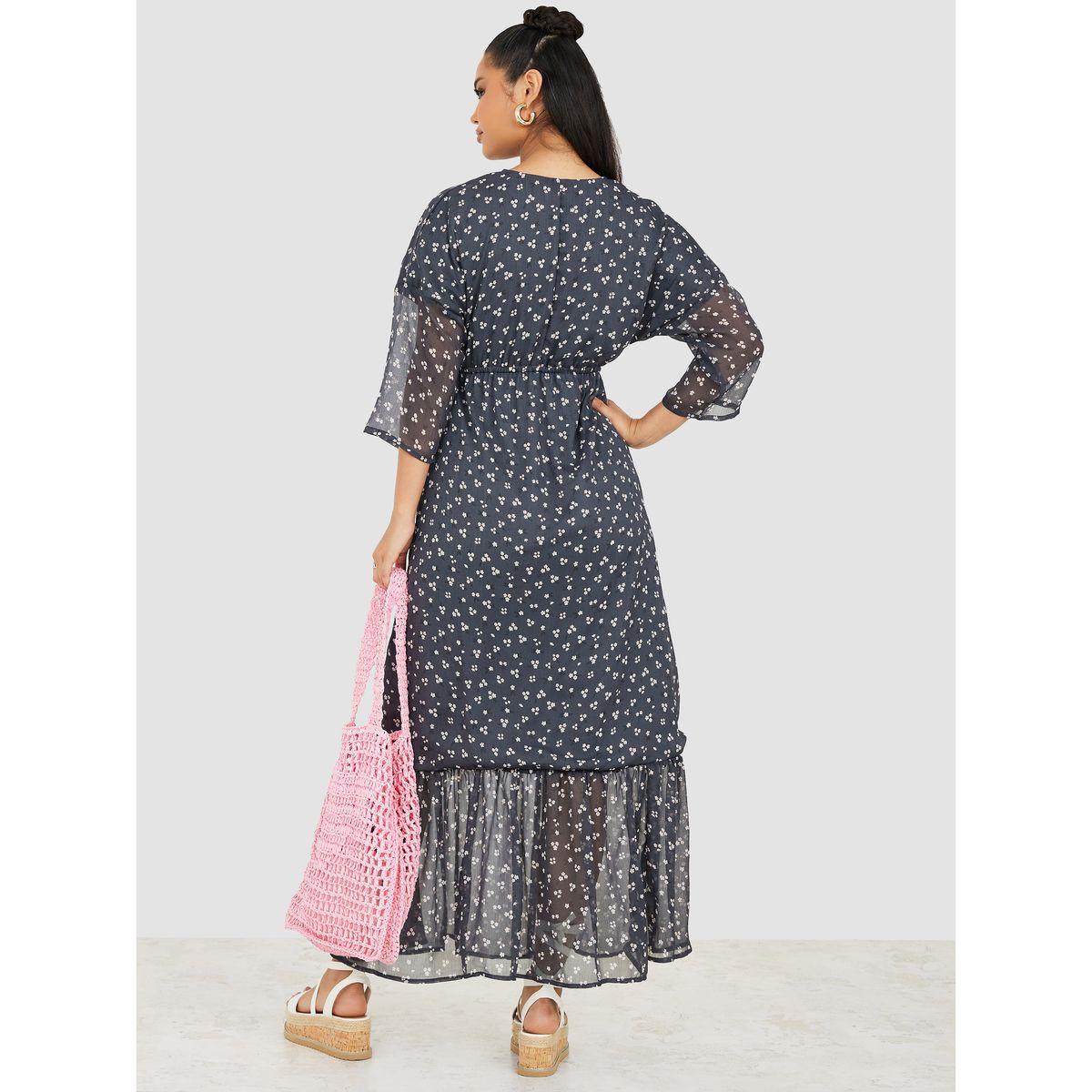 Styli 3/4 Sleeves Ditsy Print A-Line Maxi Dress-women-clothing-dresses-image-4
