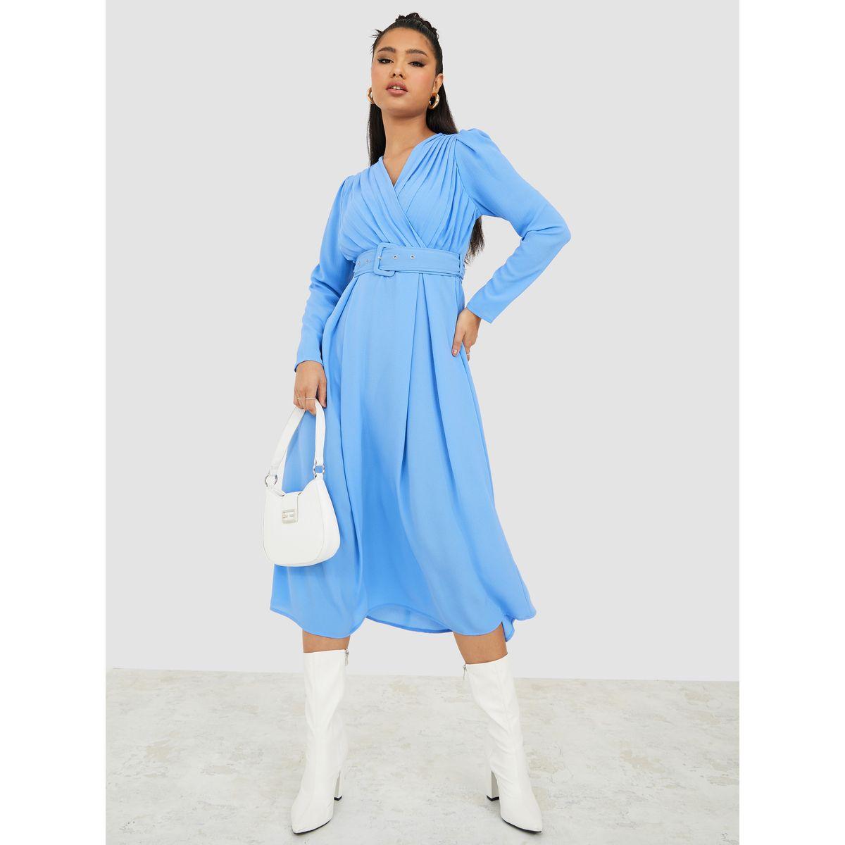Styli Long Sleeves Pleated Yoke A-Line Midi Dress with Belt-women-clothing-dresses-image-1