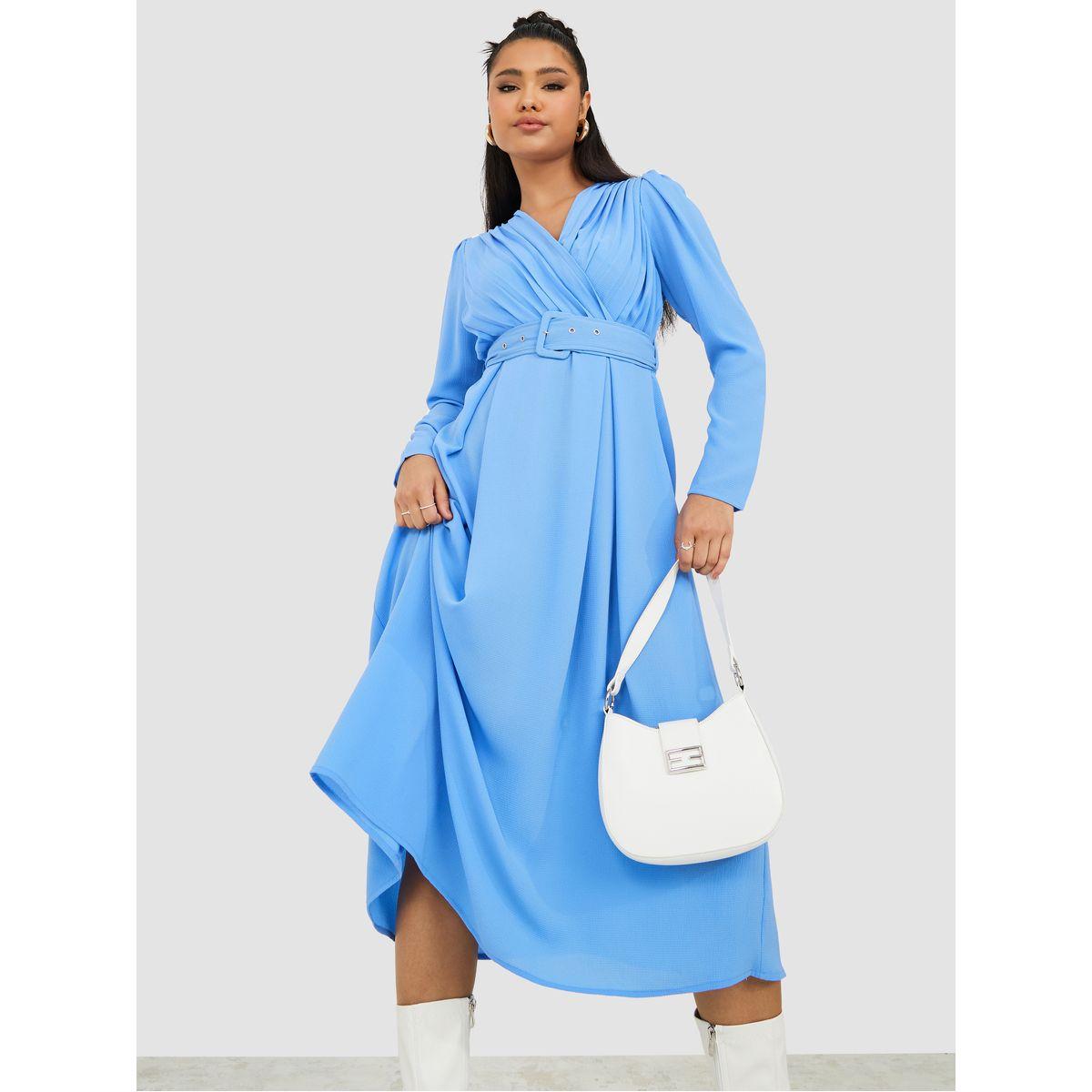 Styli Long Sleeves Pleated Yoke A-Line Midi Dress with Belt-women-clothing-dresses-image-2