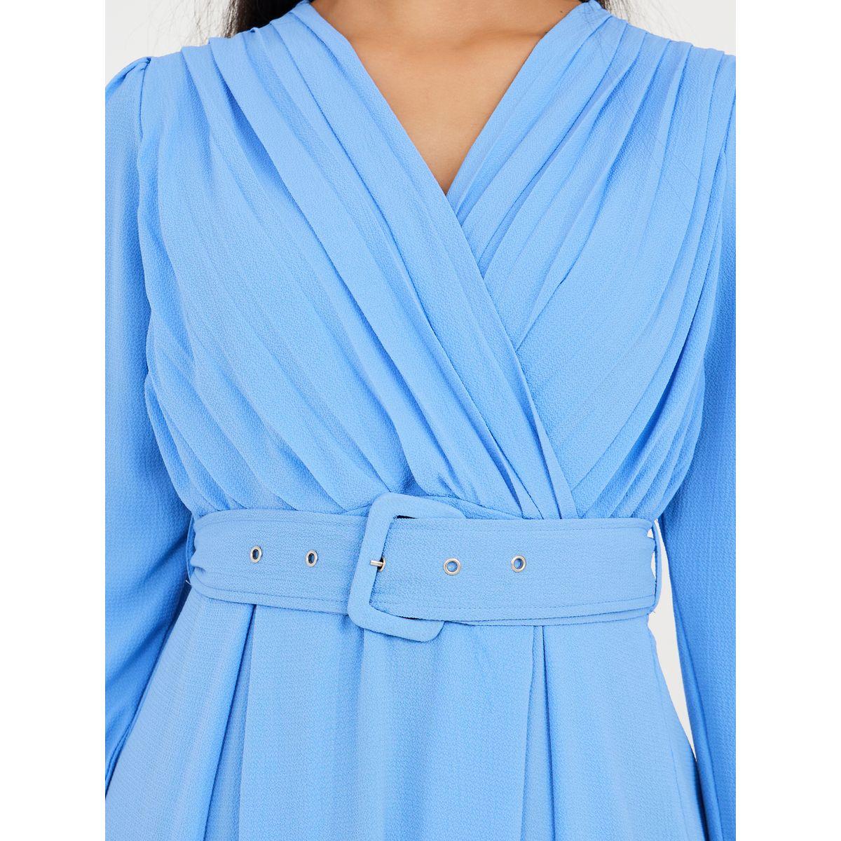 Styli Long Sleeves Pleated Yoke A-Line Midi Dress with Belt-women-clothing-dresses-image-3
