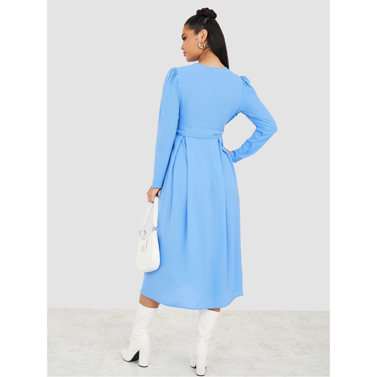Styli Long Sleeves Pleated Yoke A-Line Midi Dress with Belt-women-clothing-dresses-image-4
