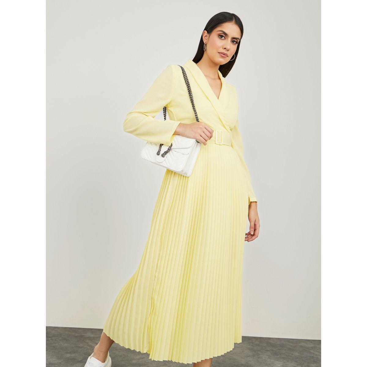 Styli Notch Lapel Pleated A-Line Maxi Dress with Belt-women-clothing-dresses-image-1