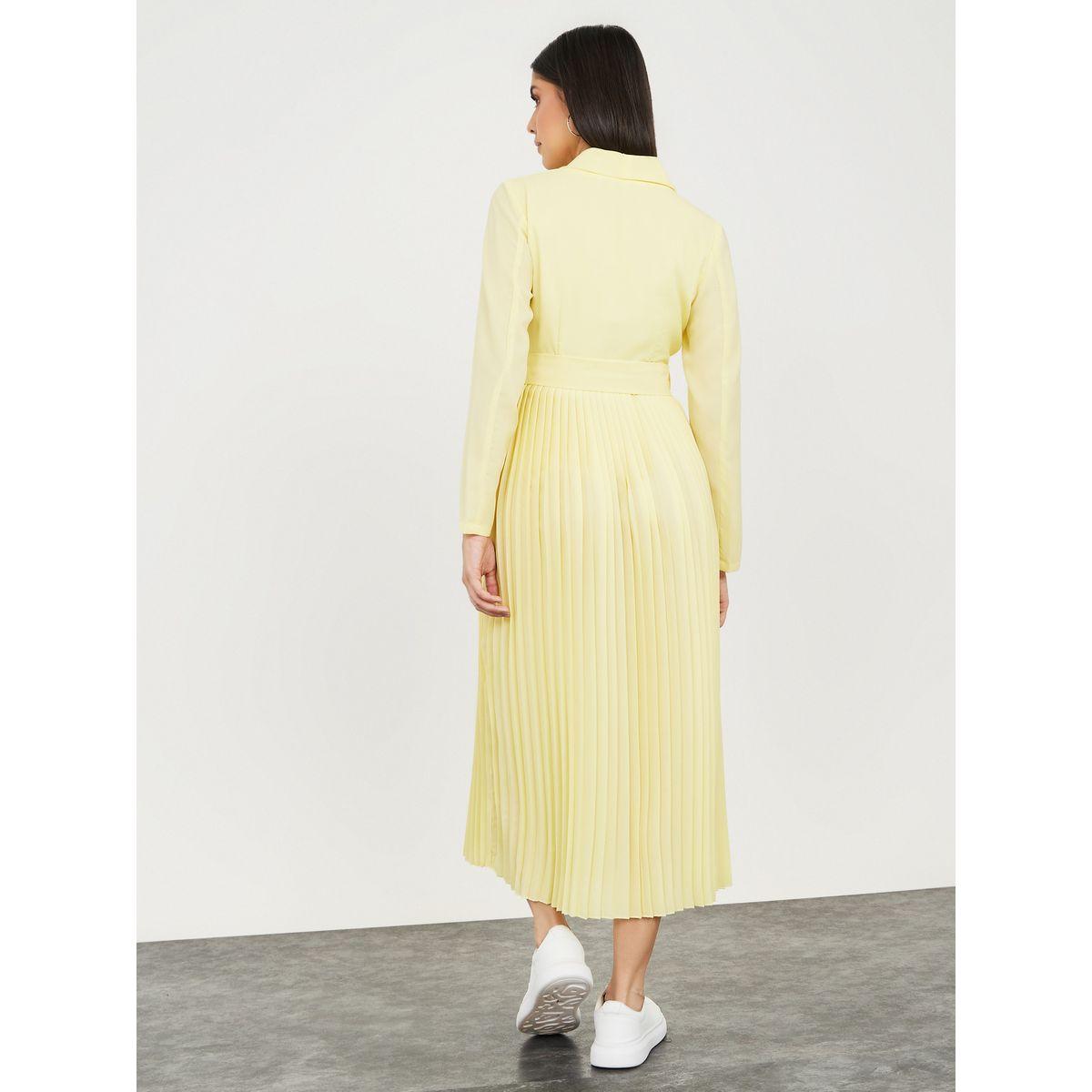 Styli Notch Lapel Pleated A-Line Maxi Dress with Belt-women-clothing-dresses-image-4