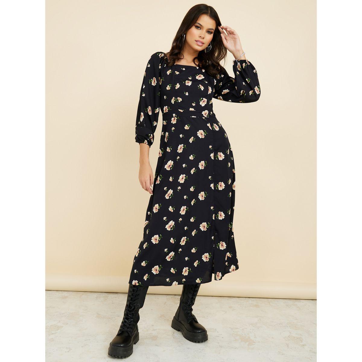 Styli Square Neck Floral A-Line Midi Dress with Front Slit-women-clothing-dresses-image-2