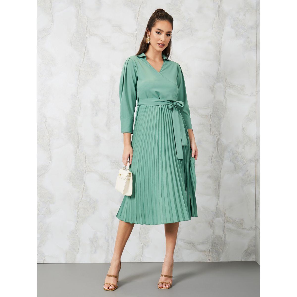Styli 3/4 Sleeves Pleated A-Line Midi Dress with Tie Belt-women-clothing-dresses-image-1