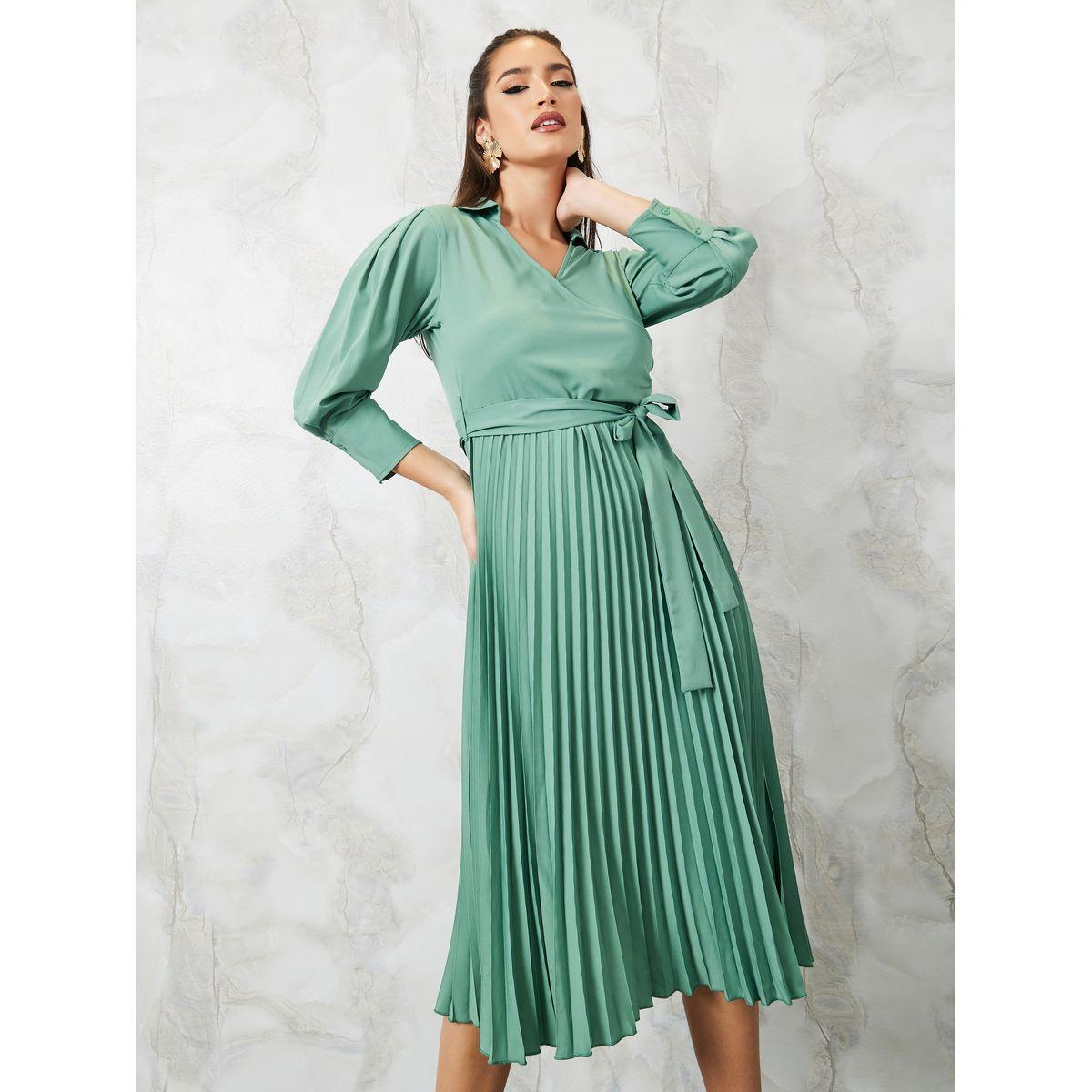 Styli 3/4 Sleeves Pleated A-Line Midi Dress with Tie Belt-women-clothing-dresses-image-2