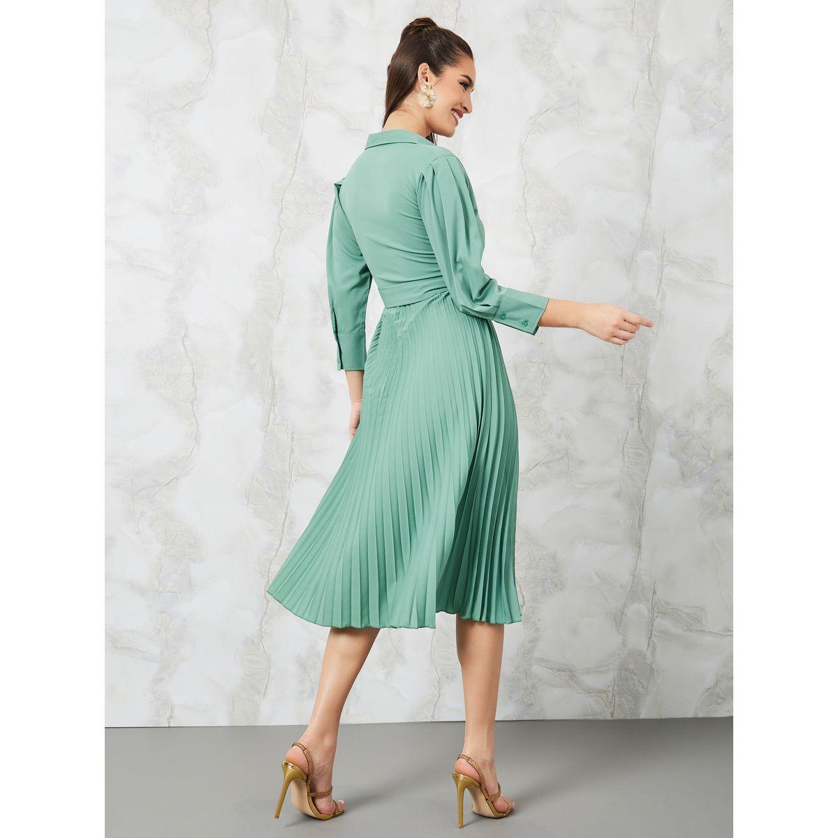 Styli 3/4 Sleeves Pleated A-Line Midi Dress with Tie Belt-women-clothing-dresses-image-4